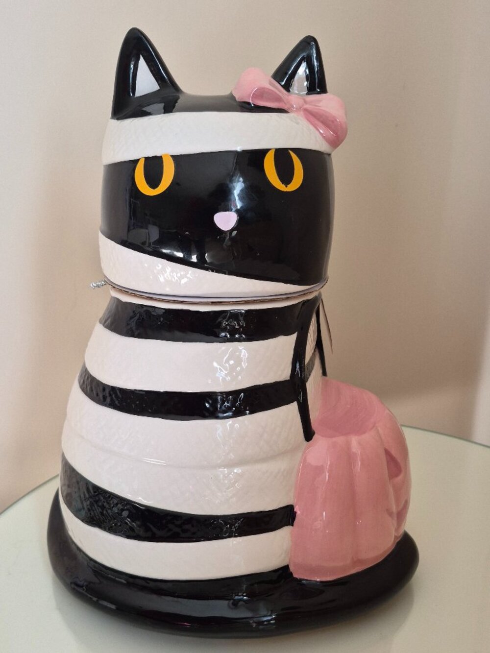 NWT 10 Strawberry Street Halloween Pink Mummy Cat Jar Canister Bow 11"